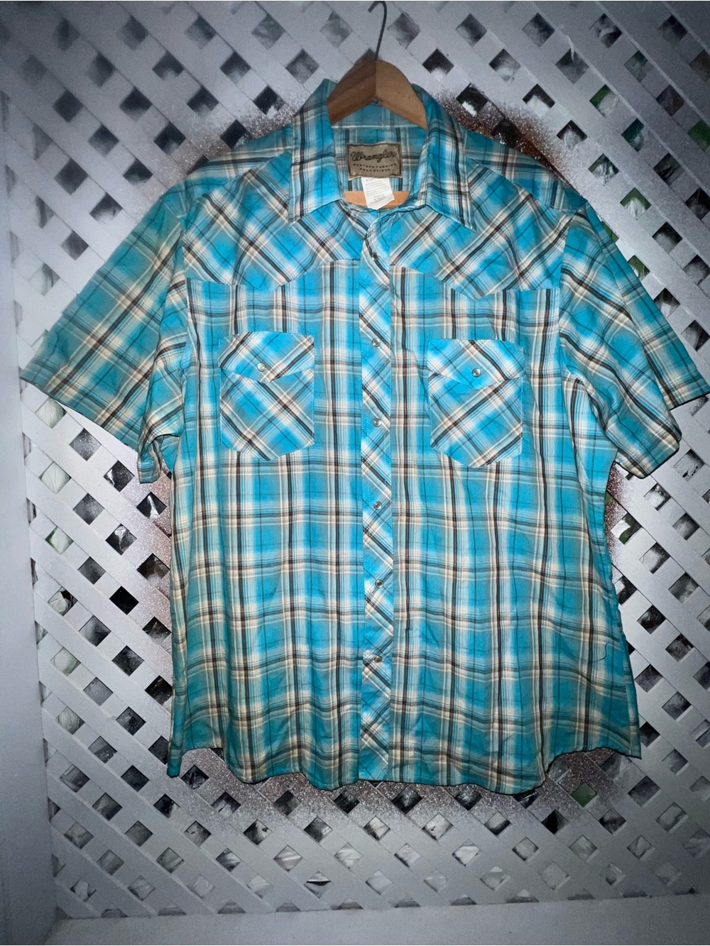 Wrangler Men's Teal Plaid Short-Sleeve Pearl Snap Western Shirt Sz XL